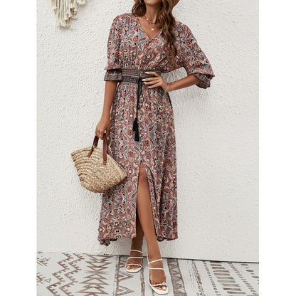 Dames Élégant Bouton-Up Maxi Robe avec Fente Latérale et Taille à Cordon Chic und Stil