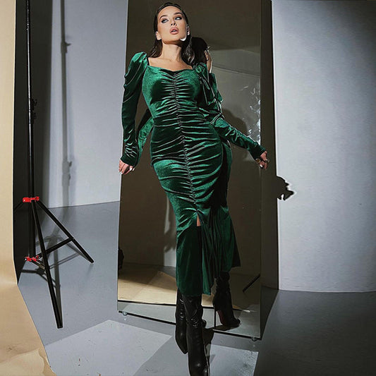 Robe midi femme avec manches ballons et design de taille élégant Chic und Stil