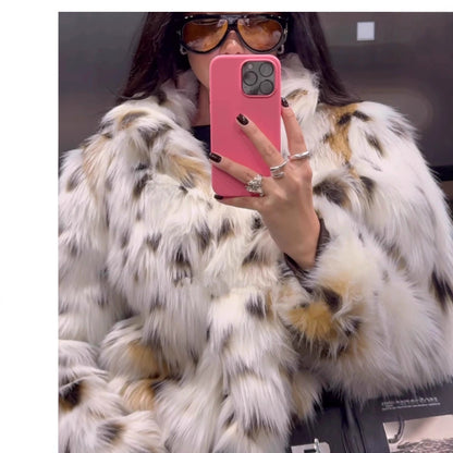 Ladies Leopard Print Plush Faux Fur Jacket Chic and Style