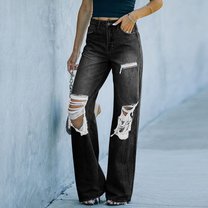 Jean déchiré pour femmes, coupe ample, avec poches hautes et coupe décontractée Chic und Stil