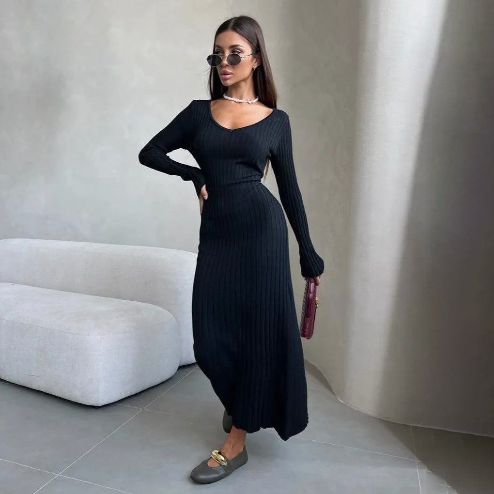 Robe maxi femme avec tricot côtelé raffiné et design sans épaules Chic und Stil