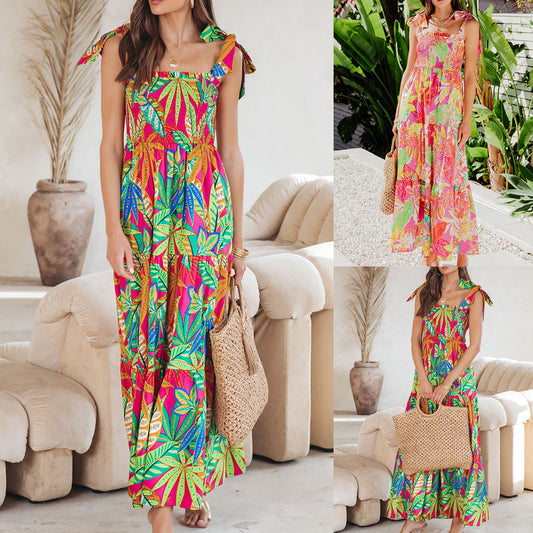 Chic and stylish tropical leaf print maxi dress for women
