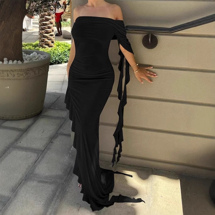 Dames Élégante Robe Maxi Off-Shoulder avec Ourlet Asymétrique et Détails Volants Chic und Stil