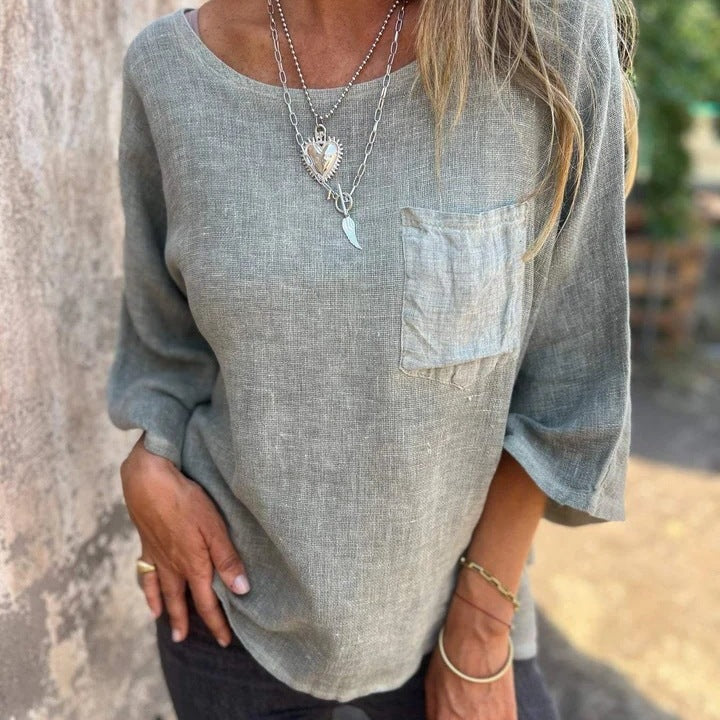 Dames haut en lin décontracté avec coupe ample et poche poitrine Chic und Stil