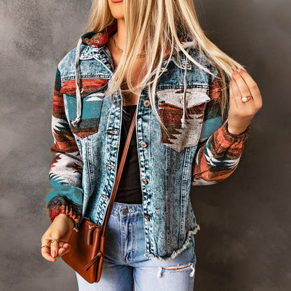 Veste en denim pour dames au style boho décontracté avec capuche Chic und Stil