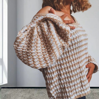 Pull en tricot oversized pour femmes avec design épaule dénudée et motif côtelé à la mode Chic und Stil