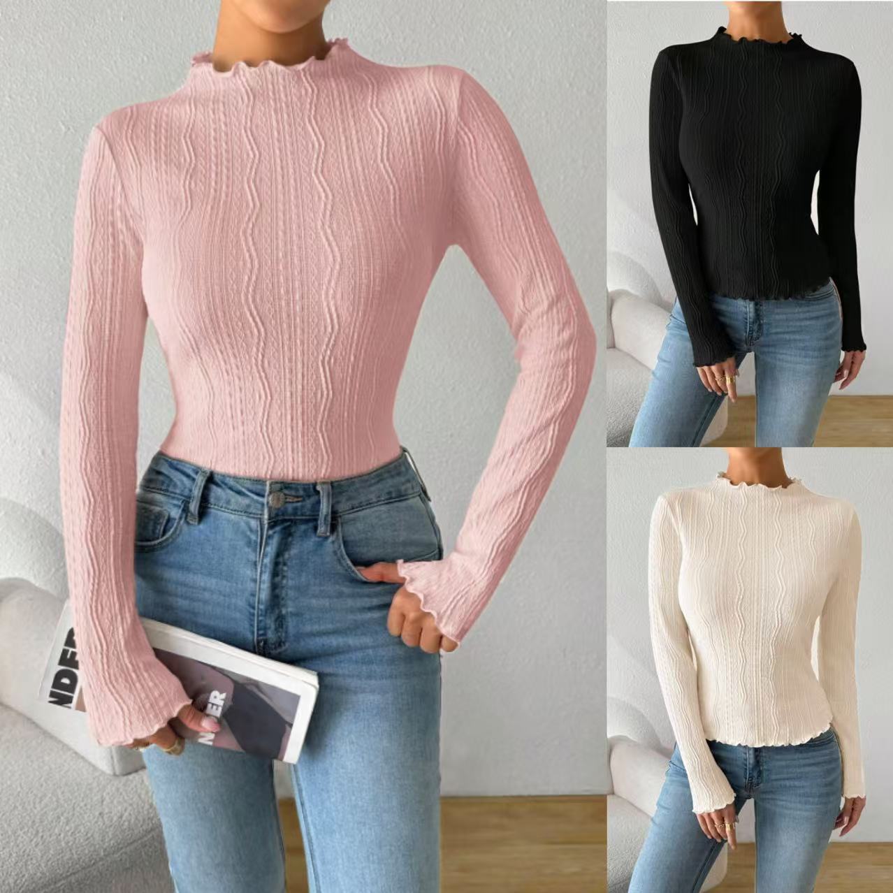 Dames Élégant T-shirt à manches longues avec design texturé et volants Chic und Stil