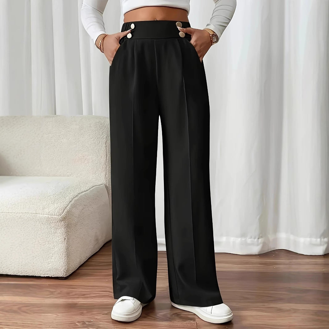 High-waisted palazzo pants for women with side pockets and decorative button details Chic and Style