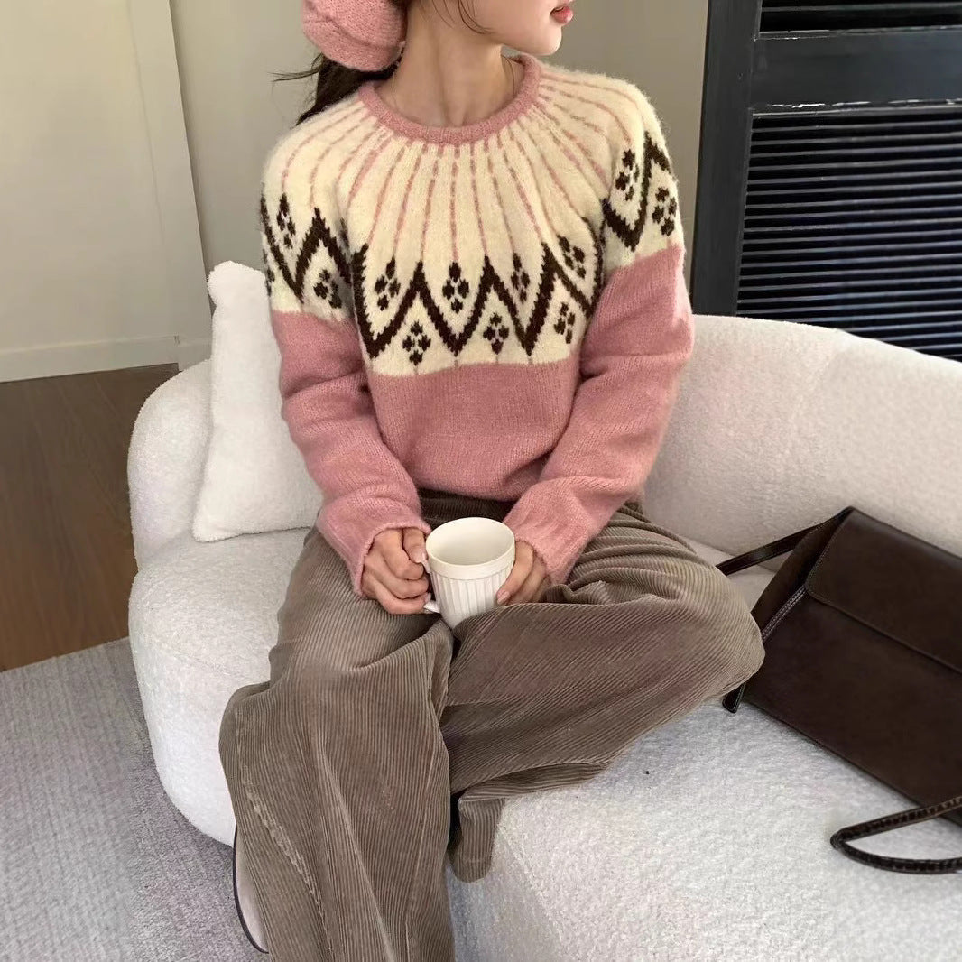 Dames Pull en maille confortable avec imprimé géométrique et col rond Chic und Stil