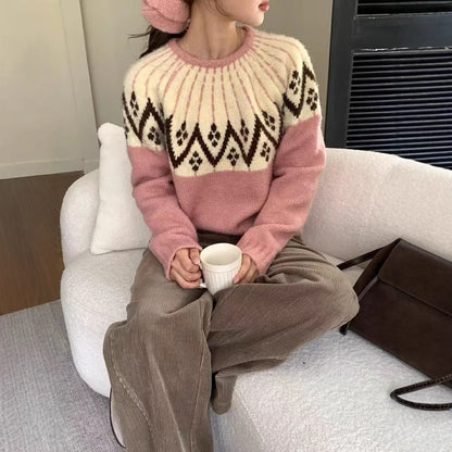 Dames Pull en maille confortable avec imprimé géométrique et col rond Chic und Stil