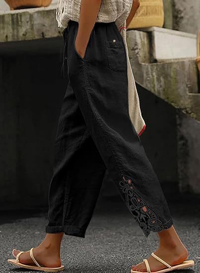 Airy linen trousers for ladies with decorative embroidery Chic and Style