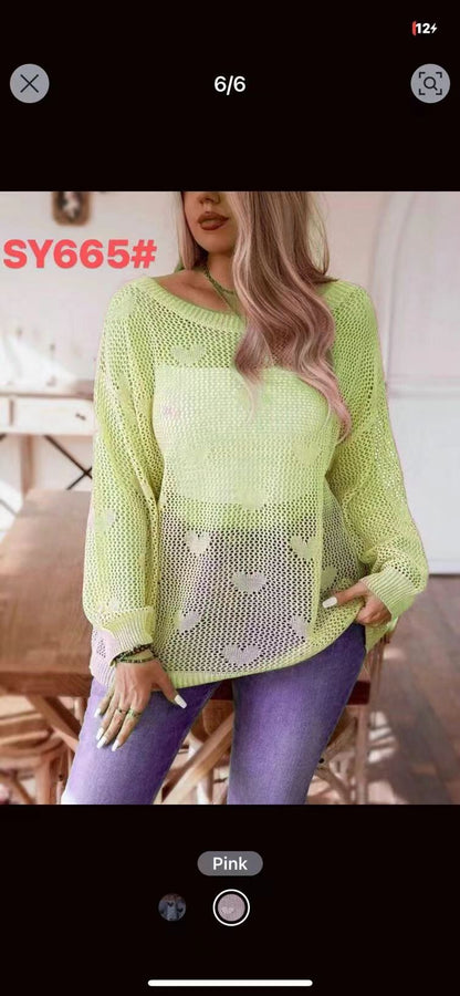 Dames Pull Over-Dimensionné en Maille avec Motif Cœur et Structure Aérée Chic und Stil