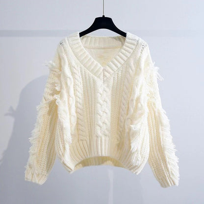 Dames gros tricot pull avec franges et décolleté en V Chic und Stil