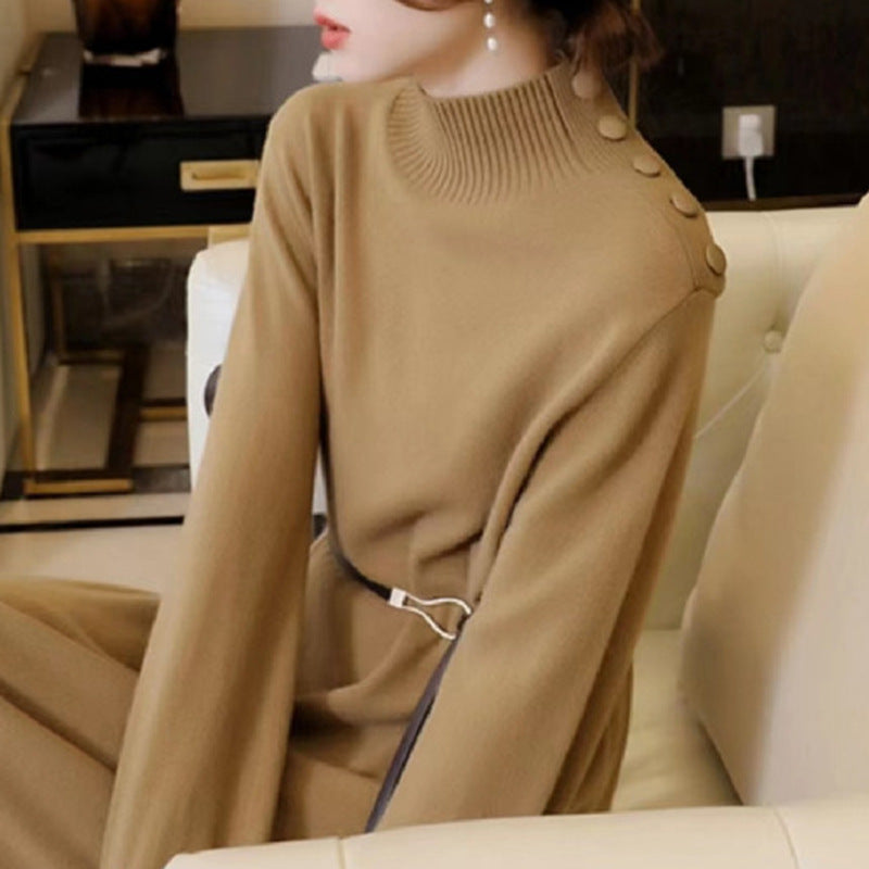 Dames Élégante robe maxi en tricot avec col montant et boutons décoratifs Chic und Stil