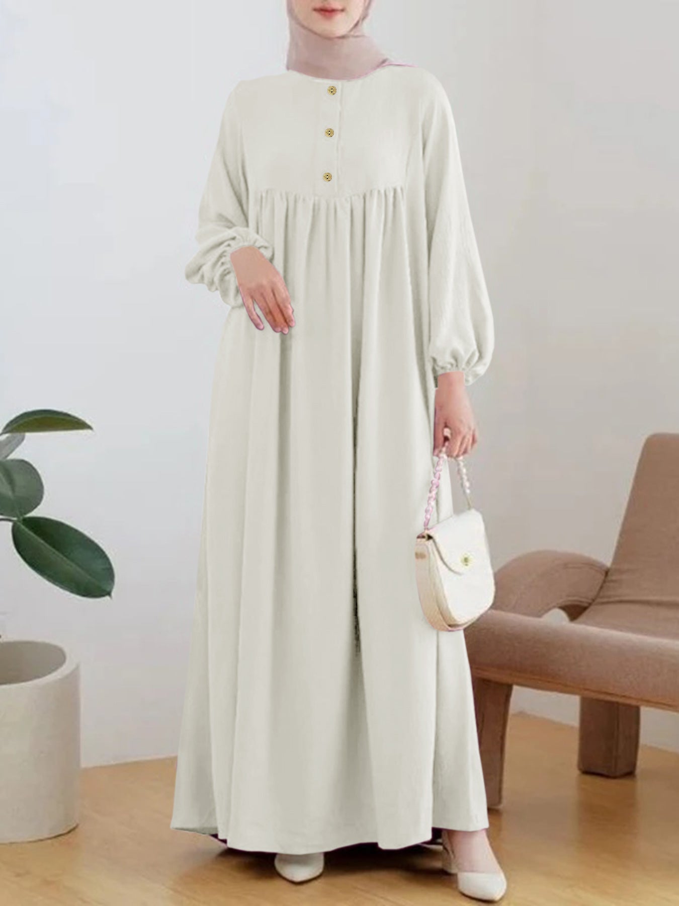 Robe maxi légère pour femme avec boutonnage confortable et élégantes manches bouffantes Chic und Stil