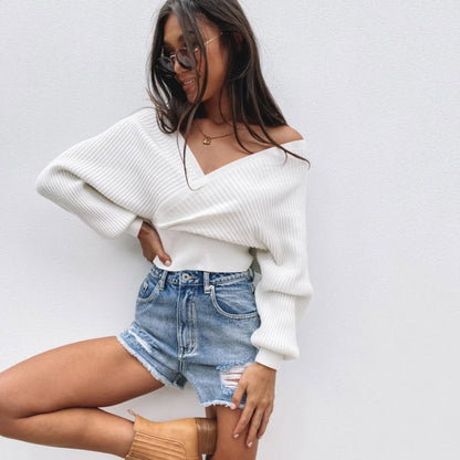 Pull femme décontracté à col en V avec des manches larges et une texture côtelée Chic und Stil