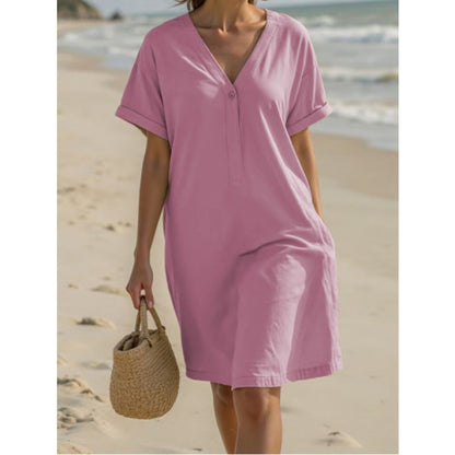 Dames Robe d'été légère avec des manches retroussées et une patte de boutonnage pratique Chic und Stil