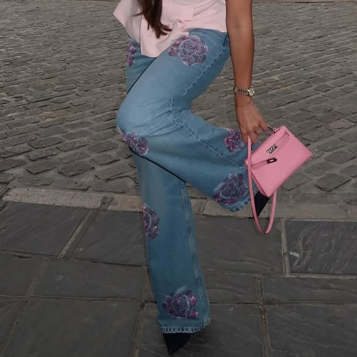 Ladies Loose Denim Pants with Button Details Chic and Style