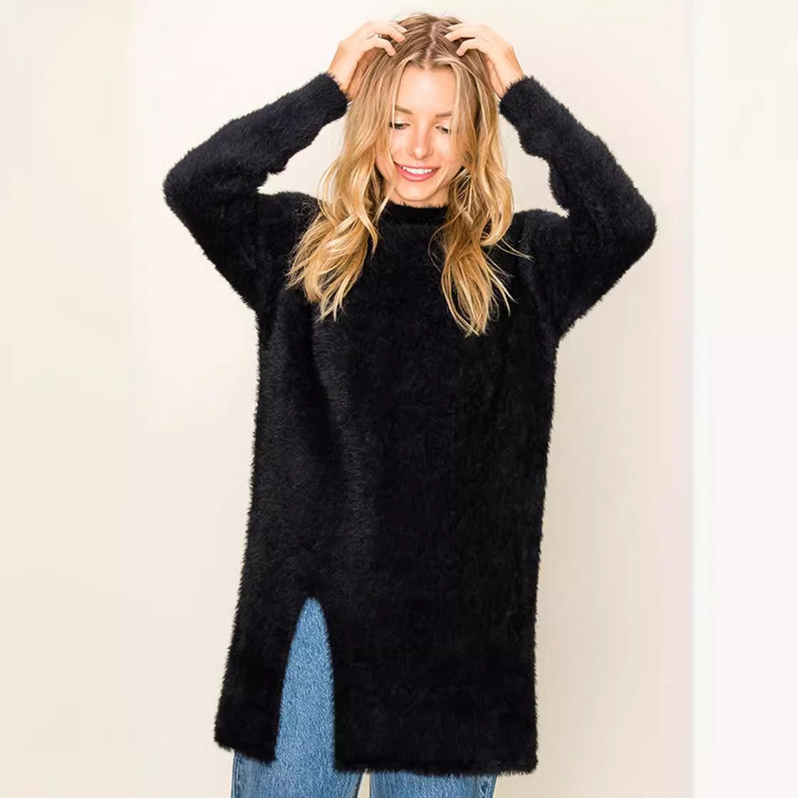 Pull long confortable pour femmes avec fentes latérales et matière douce Chic und Stil