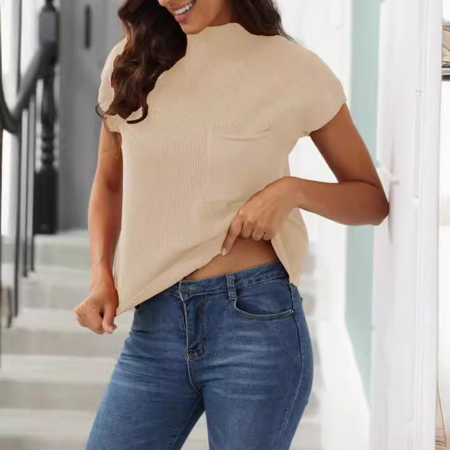 Dames décontracté pull à manches courtes avec col haut et poche plaquée Chic und Stil