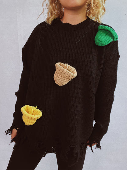 Pull over-sized décontracté pour femmes avec des détails frangés et des appliques colorées Chic und Stil