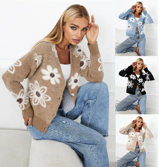 Dames Pull-over câlin avec motif floral et boutons décoratifs Chic und Stil