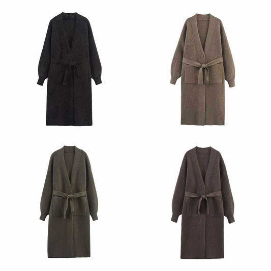 Dames cardigan long tricoté avec ceinture à la taille Chic und Stil