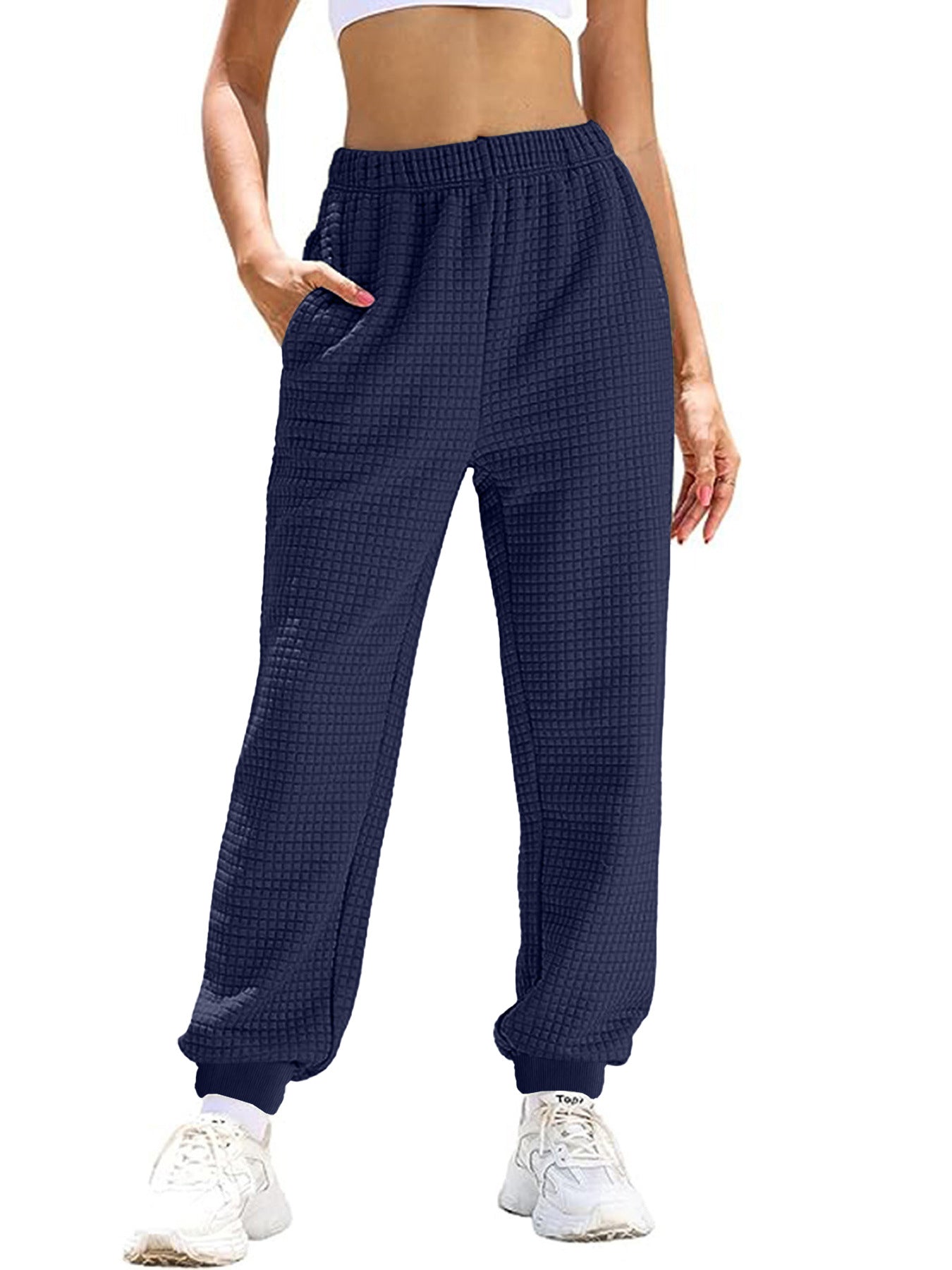 Women Comfortable Waffle Texture Sweatpants with Elastic Waist and Side Pockets Chic and Style