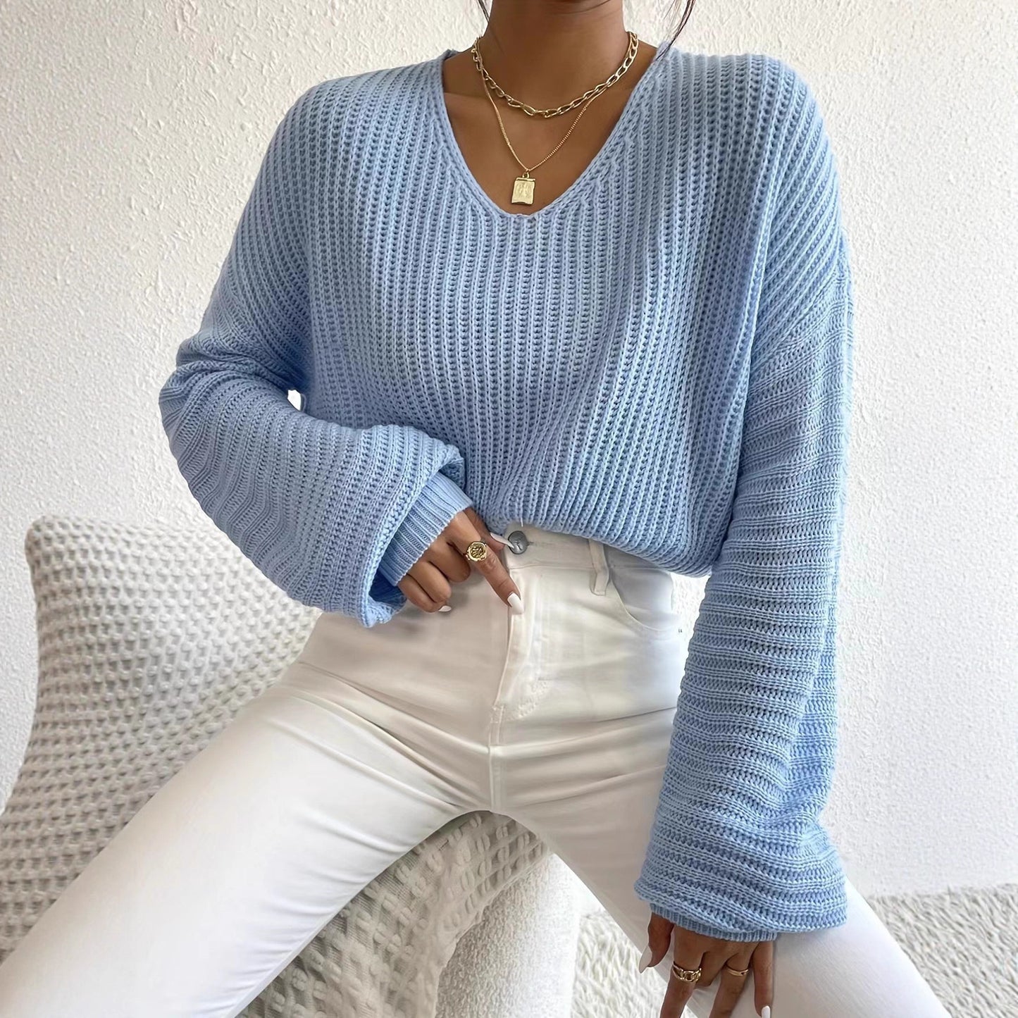 Pull en gros tricot pour femmes avec décolleté en V profond et manches décontractées Chic und Still