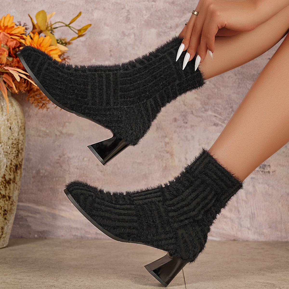 Dames Élégantes Bottines Mi-Chunky avec Tissu Texturé Chic und Stil