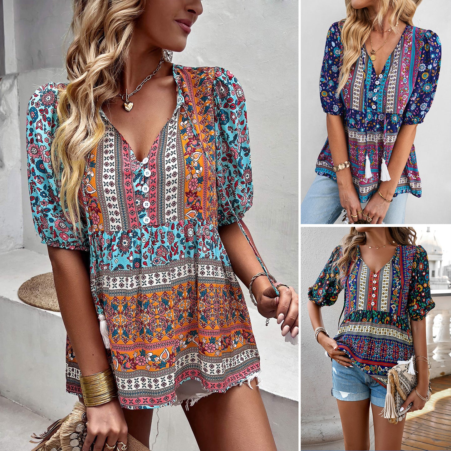 Dames Boho-Tunique avec manches élastiques et décolleté en V ludique Chic und Stil