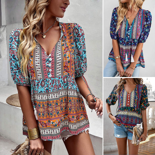 Dames Boho-Tunique avec manches élastiques et décolleté en V ludique Chic und Stil