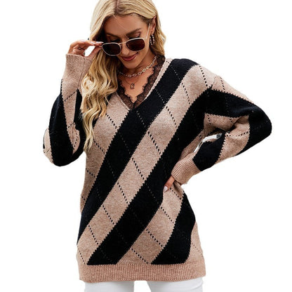 Pull en tricot pour femmes avec décolleté en V et motif losangé moderne Chic und Stil