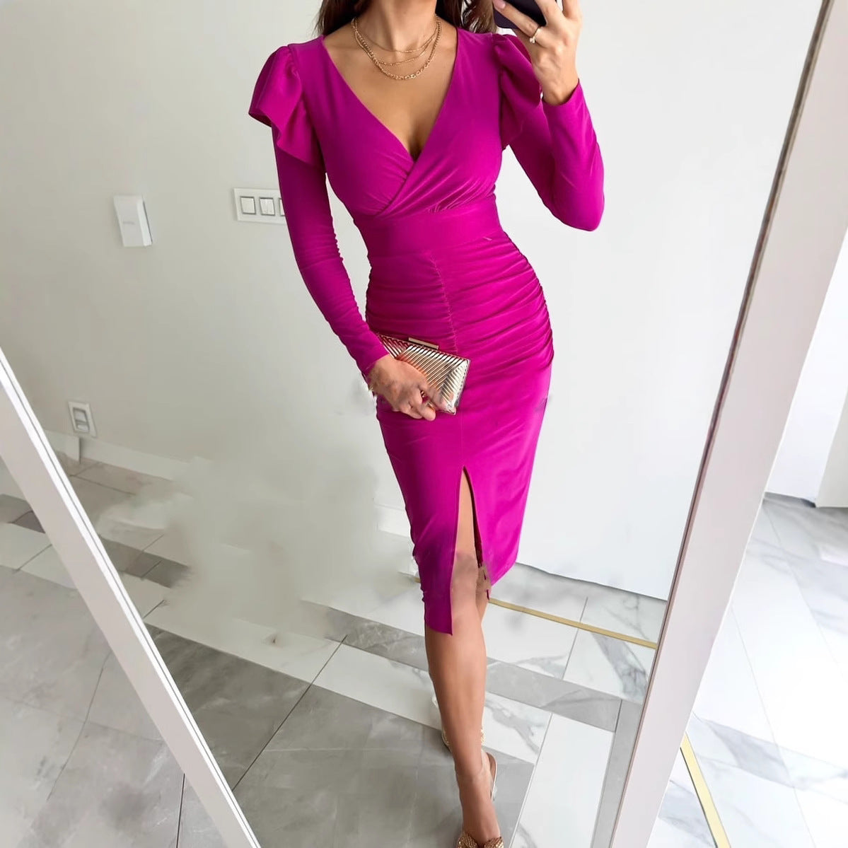 Elegant Women's Long Sleeve Ruffled Midi Dress with Slit Chic and Stylish