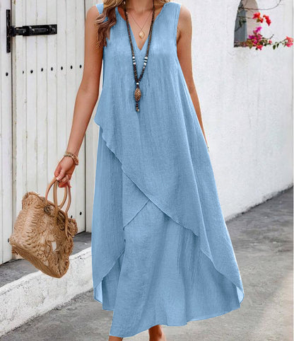Robe maxi décontractée pour femmes avec volants superposés et décolleté en V moderne Chic und Stil