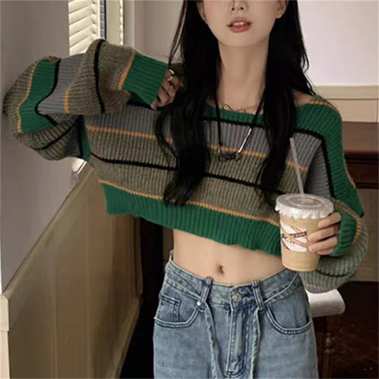 Pull-over en tricot court décontracté pour femmes avec des manches larges et un motif rayé Chic und Stil
