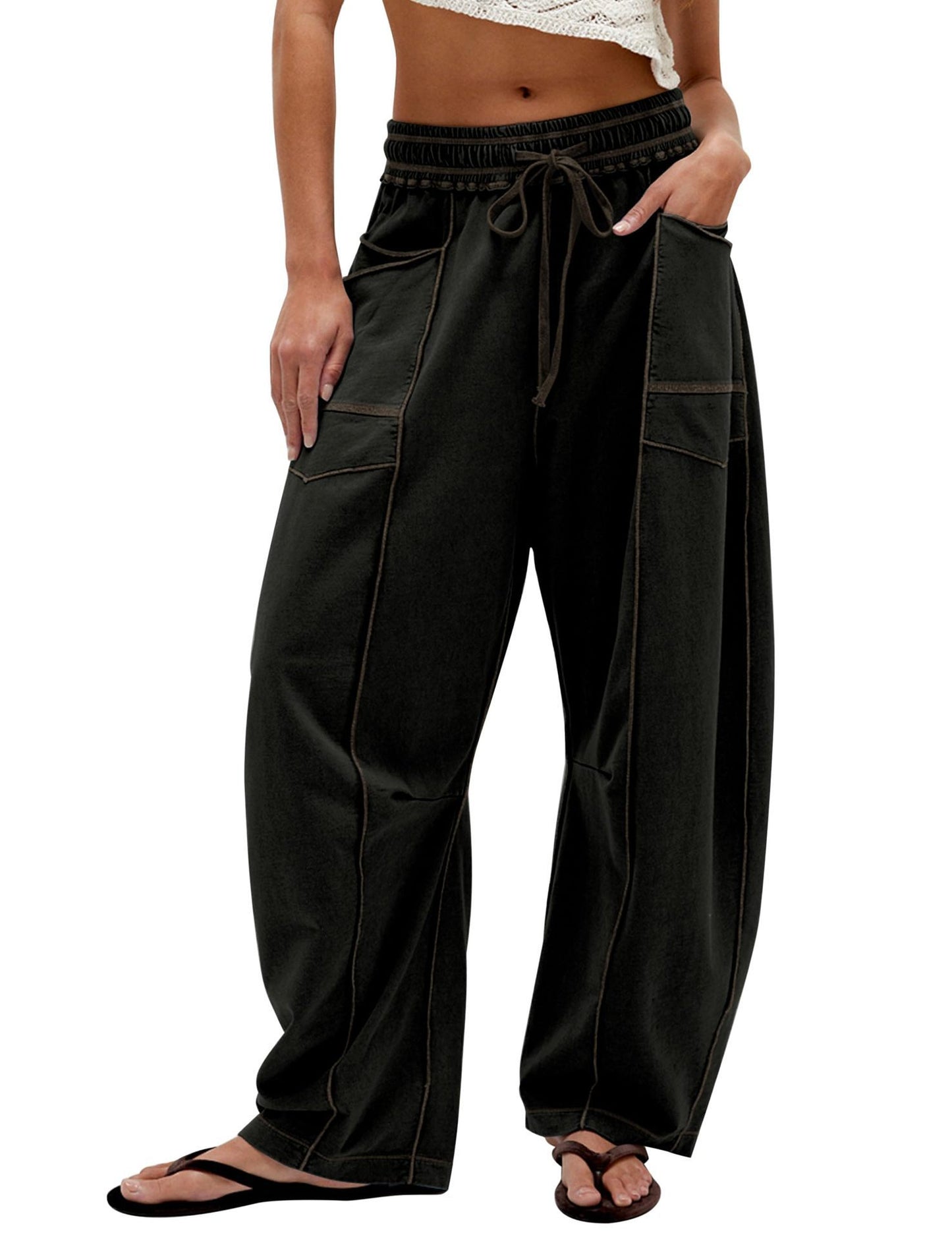 Ladies Comfortable Wide Pants with Practical Pockets and Elastic Belt Chic and Style