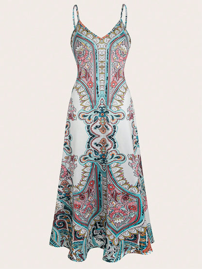Dames Élégante Robe Max longue avec motif délicat et bretelles spaghetti Chic und Stil