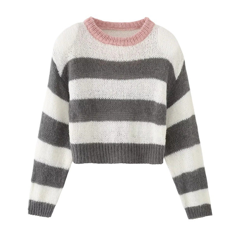 Pull en tricot court pour femmes avec motif rayé marin et col rond Chic und Stil