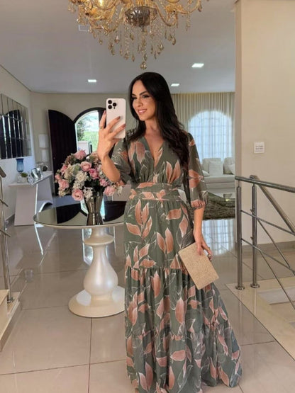 Robe maxi pour femmes avec décolleté en V décontracté, ceinture à la taille et manches volumineuses Chic und Stil
