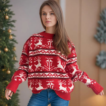 Pull en tricot de Noël pour femmes avec un design de renne festif et un col haut Chic und Stil