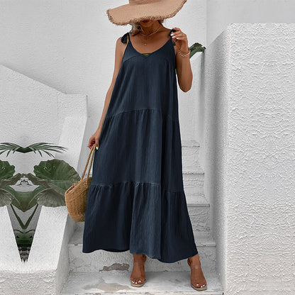 Femme Robe Maxi Drapée avec Bretelles Spaghetti Réglables Chic und Stil
