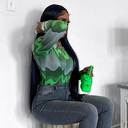 Bodysuit graphique à manches longues pour femmes chic et élégant