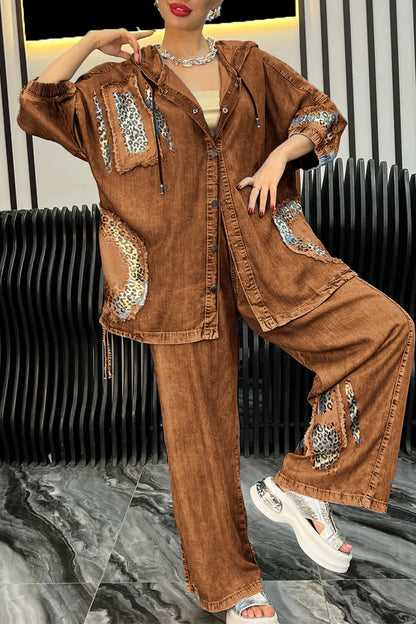 Fashionable women's jacket and pants set with chic animal print details