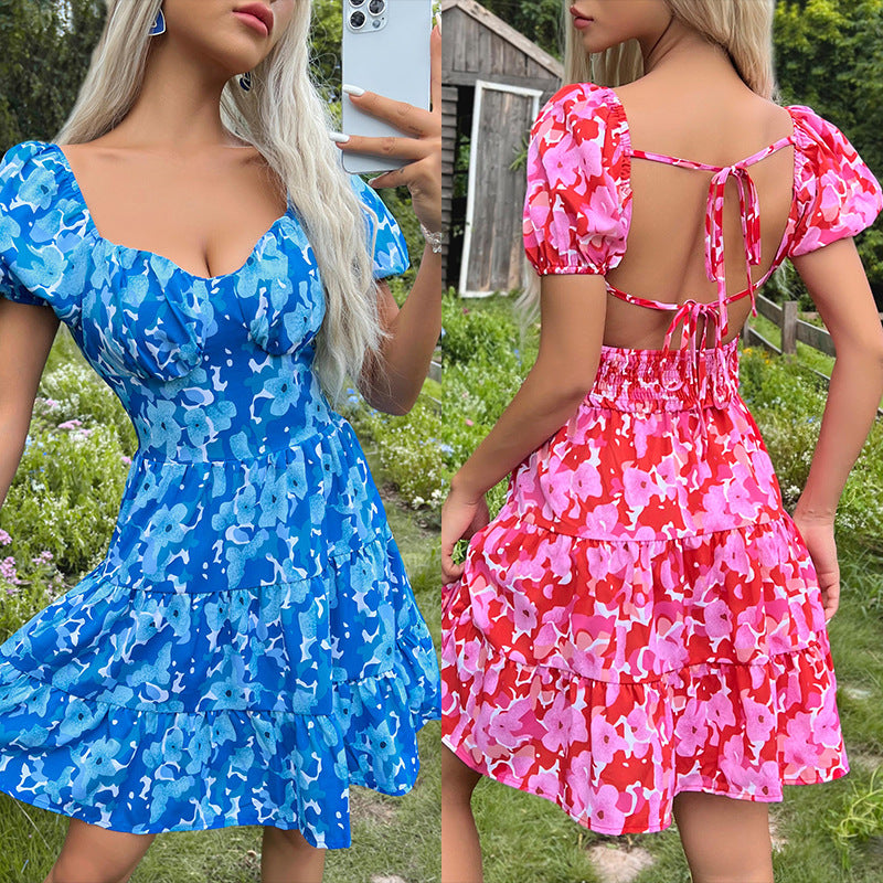 Robe mini à volants imprimée florale pour femmes avec manches bouffantes Chic und Stil