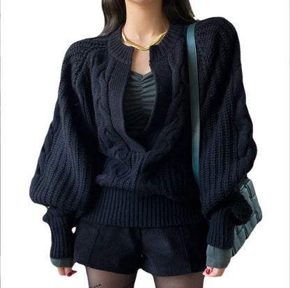 Chunky knit pullover for women with voluminous sleeves and a V-neck Chic and Style