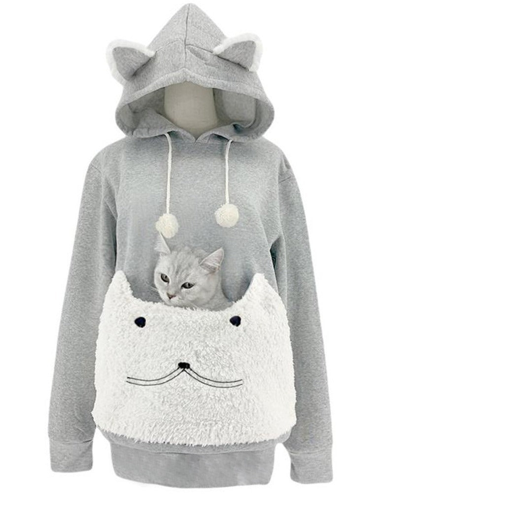 Dames Pull à capuche douillet avec motif de chat et poche kangourou pratique Chic und Stil