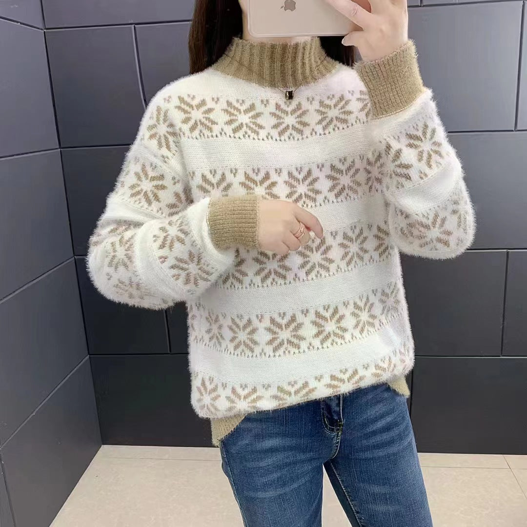 Pull en tricot pour femmes avec un motif moderne de flocons de neige et col montant Chic und Stil