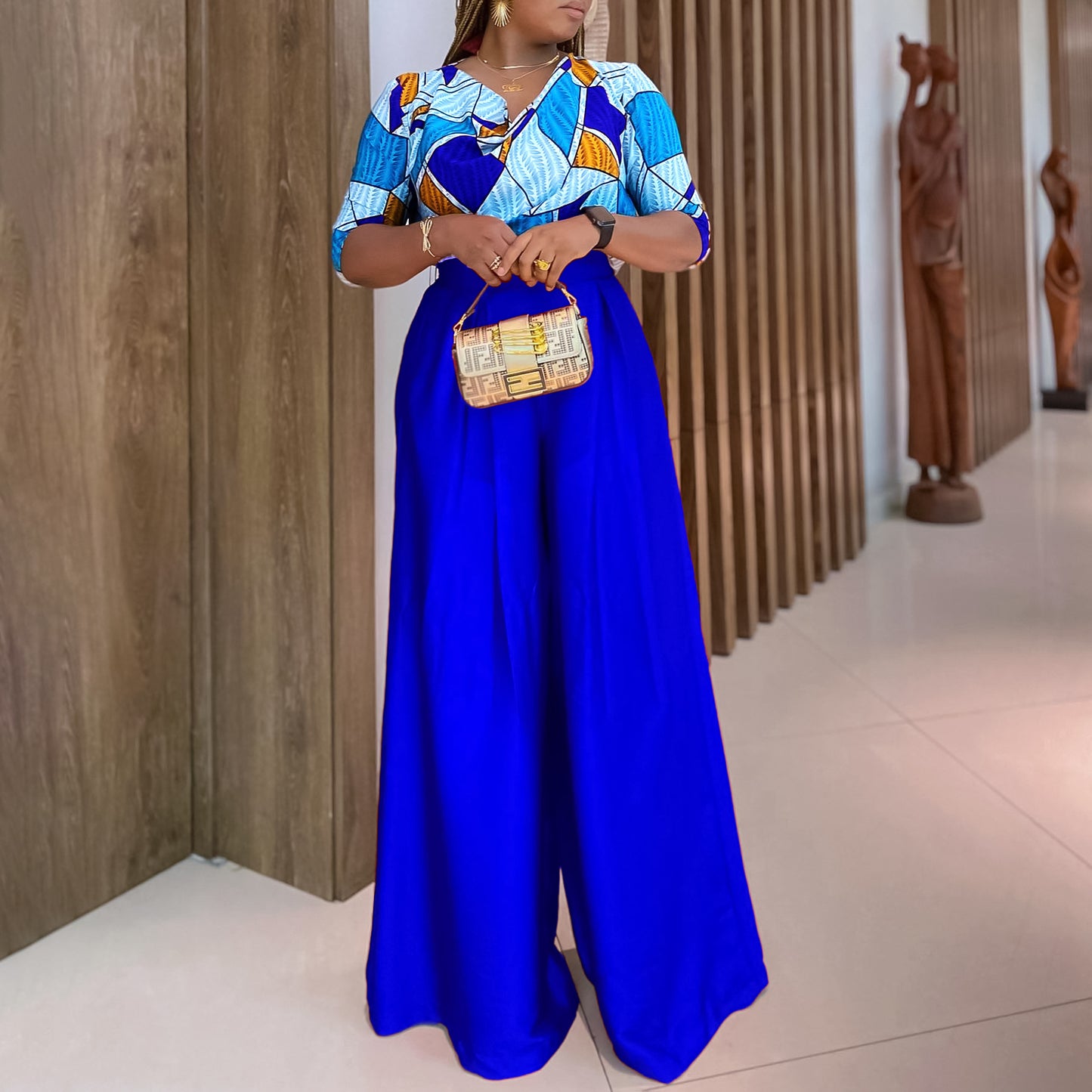 Dames Élégant Combinaison avec motif géométrique frappant et jambe large Chic und Stil