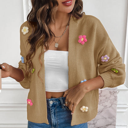 Dames cardigan en tricot décontracté avec appliqués de fleurs colorées Chic und Stil